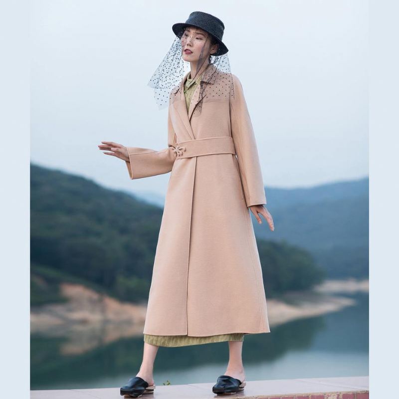 Manteau En Laine Rose Chair Grande Taille Cravate À La D'hiver Veste À Col À Revers - Trenchs femmes