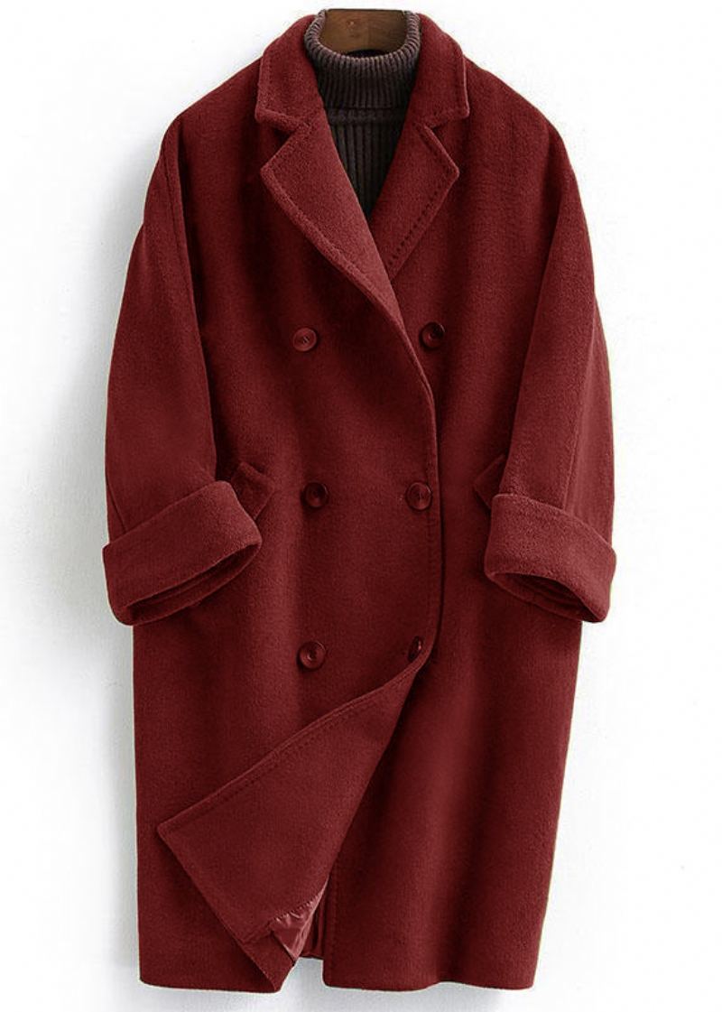 Manteau En Laine Tendance Grande Taille Long Double Poitrine Femmes Vin Rouge Manteaux Cranté