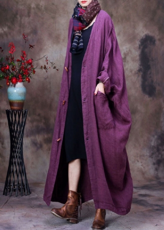 Manteau En Lin Fleuri Violet De Grande Taille À Col En V Vêtements D'extérieur À Manches Longues