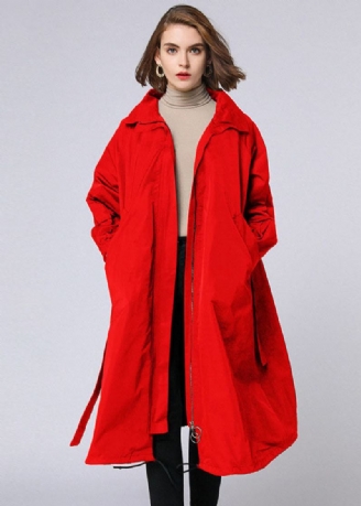 Manteau Long D'automne Rouge Avec Fermeture Éclair Et Poches À La Taille Grande