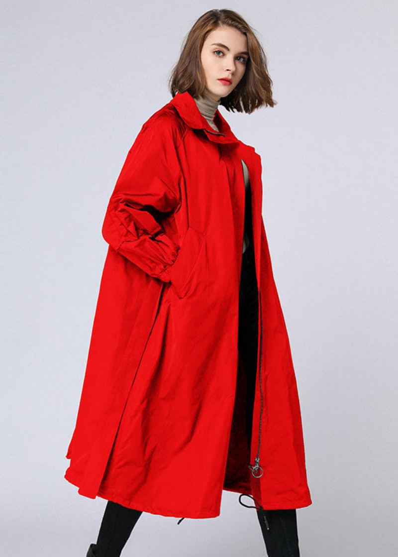 Manteau Long D'automne Rouge Avec Fermeture Éclair Et Poches À La Taille Grande - Trenchs femmes