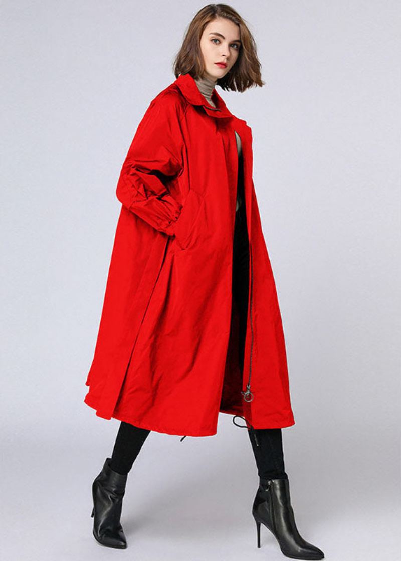 Manteau Long D'automne Rouge Avec Fermeture Éclair Et Poches À La Taille Grande - Trenchs femmes