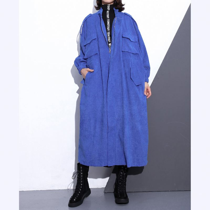 Manteau Long Bleu Fin Grande Taille Trench-coat À Fermeture Éclair Boutique Manches Longues Poches Manteaux Longs Baggy