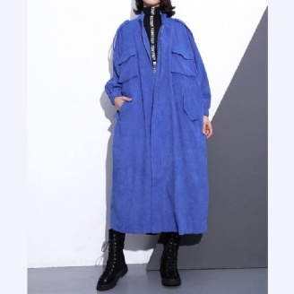 Manteau Long Bleu Fin Grande Taille Trench-coat À Fermeture Éclair Boutique Manches Longues Poches Manteaux Longs Baggy