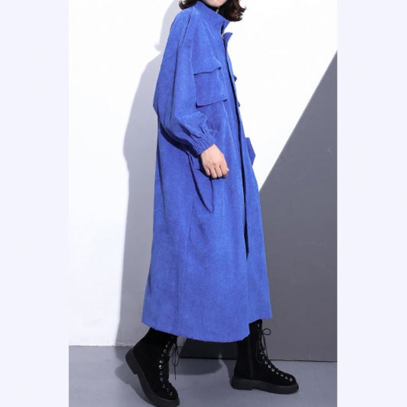 Manteau Long Bleu Fin Grande Taille Trench-coat À Fermeture Éclair Boutique Manches Longues Poches Manteaux Longs Baggy - Léopard