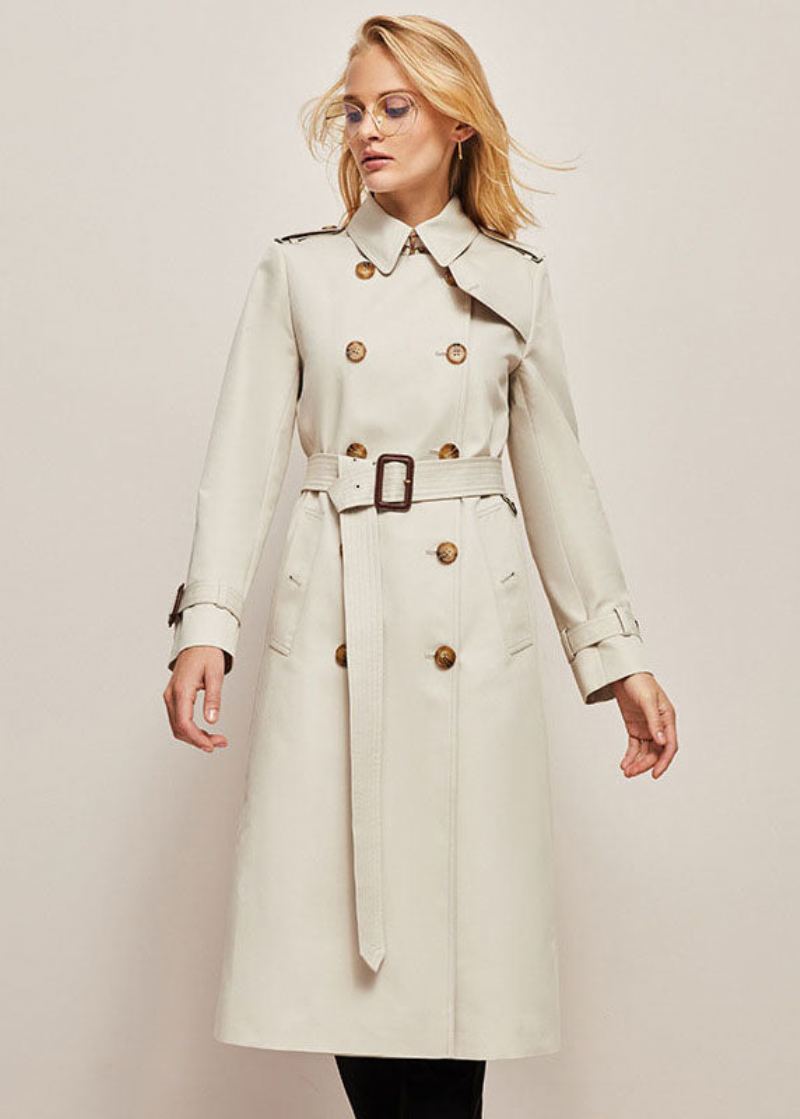 Manteau Long Classique De Veste De Ressort De Tranchée À Double Boutonnage En Coton Kaki - Blanc