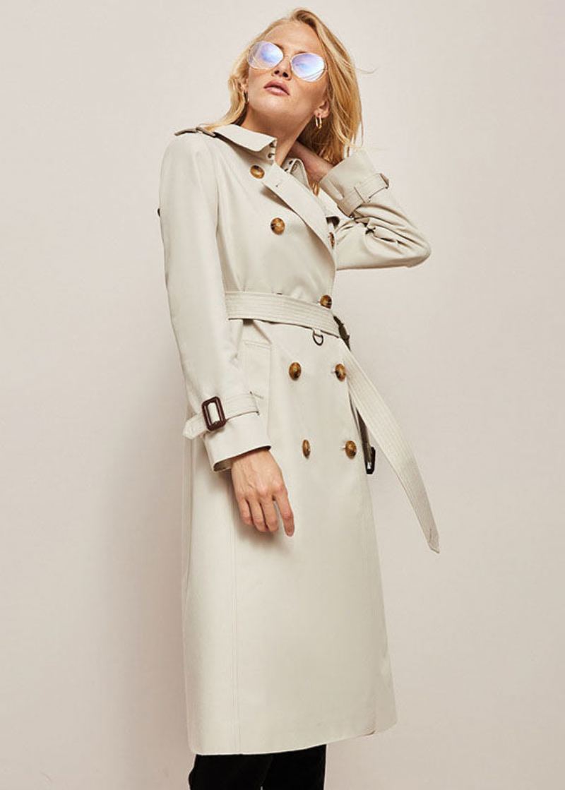 Manteau Long Classique De Veste De Ressort De Tranchée À Double Boutonnage En Coton Kaki - Blanc