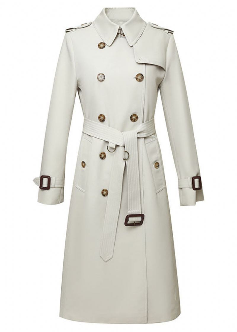 Manteau Long Classique De Veste De Ressort De Tranchée À Double Boutonnage En Coton Kaki - Blanc