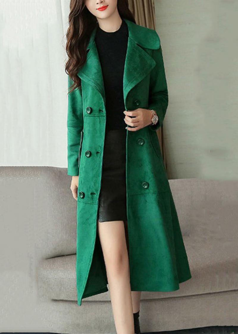 Manteau Long En Faux Daim Pour Femme Vert Noirâtre Poches Double Poitrine Patchwork Automne