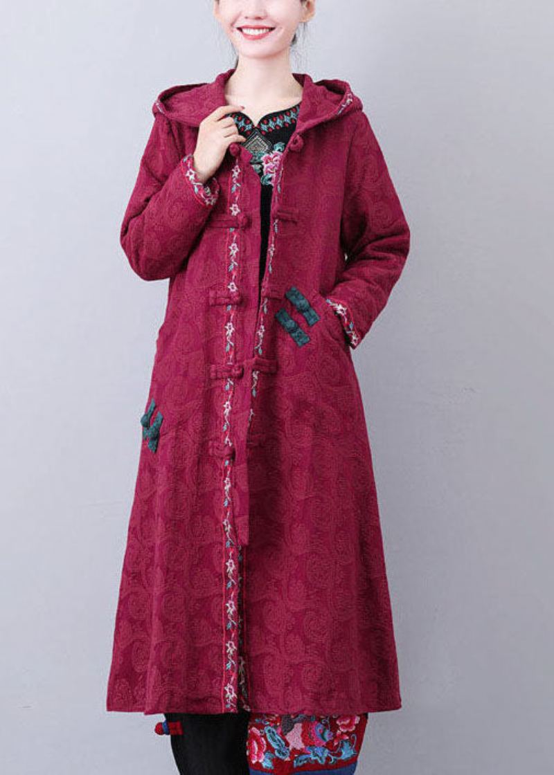 Manteau Long En Jacquard Brodé À Capuche Rouge Brique Art Automne - Trenchs femmes