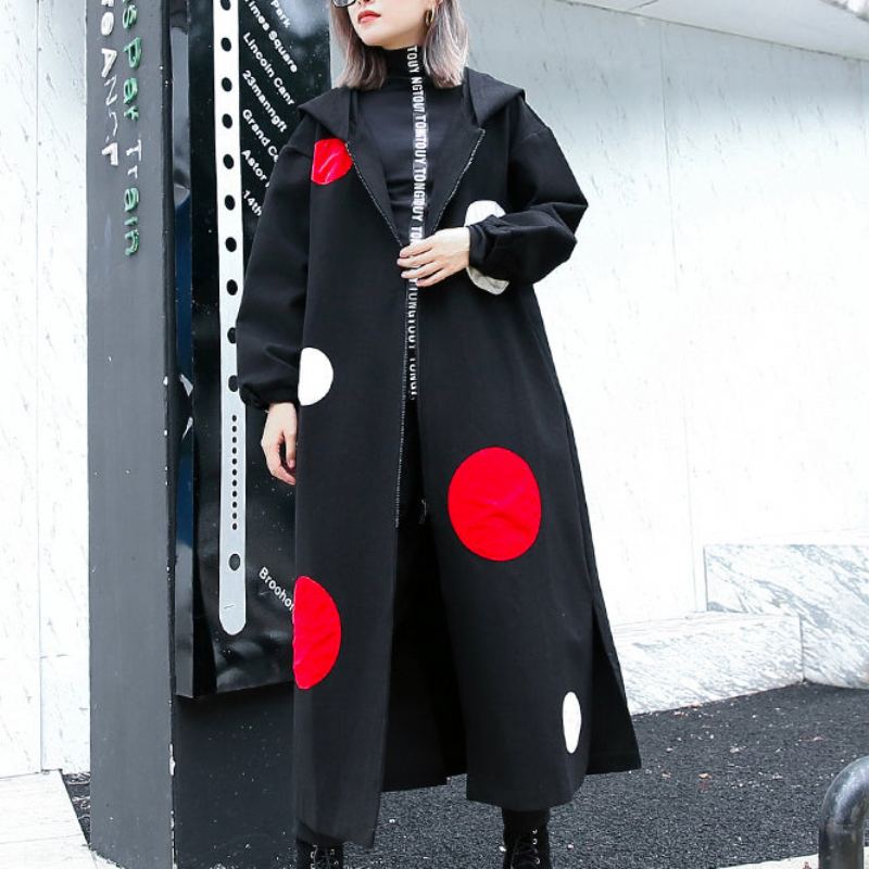 Manteau Long À Pois Noirs Pour Femmes Ample À Capuche Grande Taille Ouvert Sur Le Côté