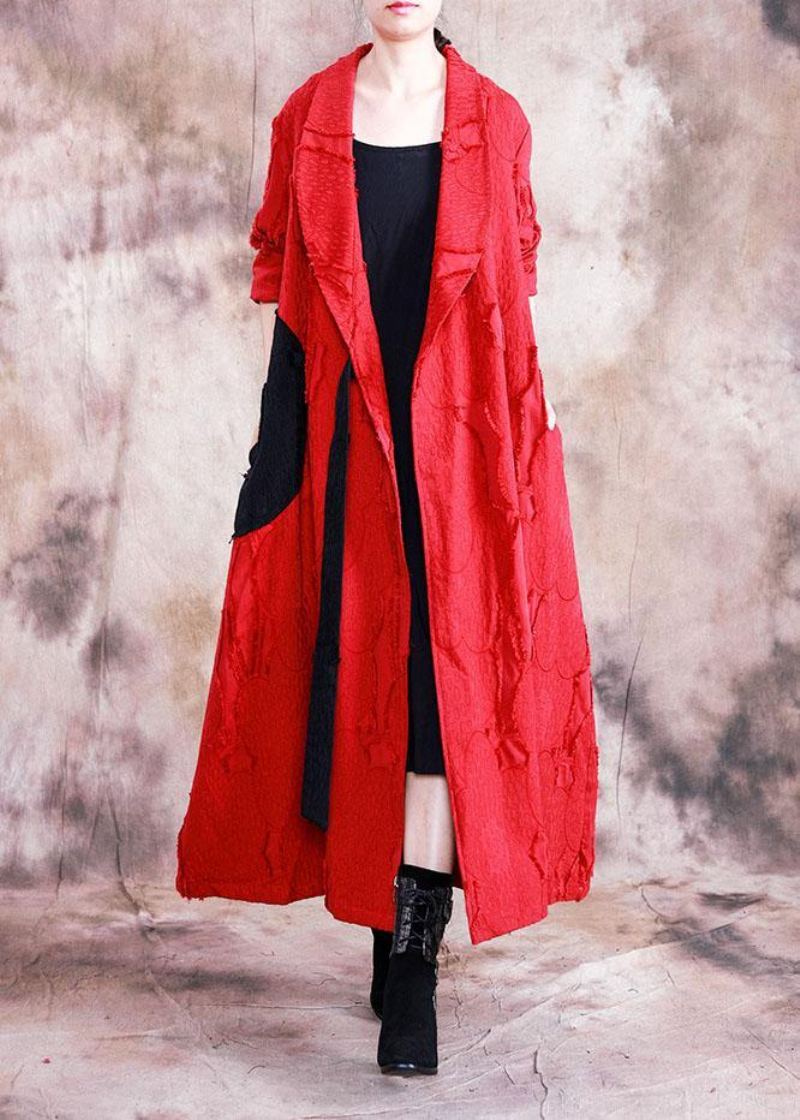 Manteau Long Rouge À Col Rabattu Et Cravate Vintage Tendance Grande Taille Automne