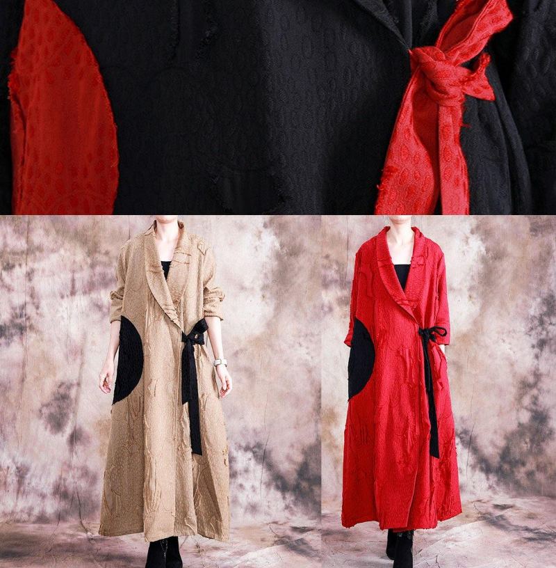 Manteau Long Rouge À Col Rabattu Et Cravate Vintage Tendance Grande Taille Automne - Kaki