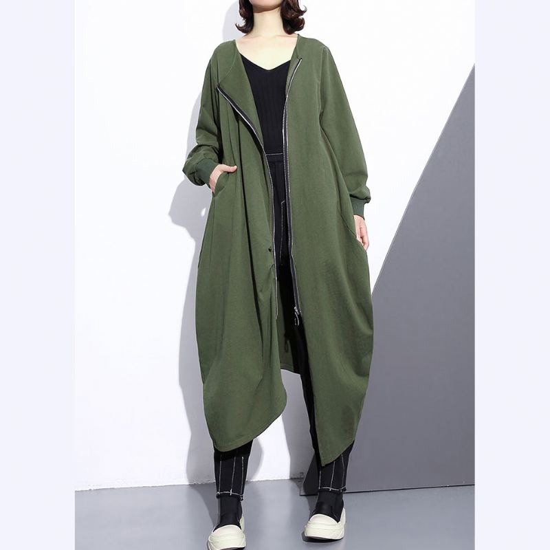 Manteau Long Vert Armée Surdimensionné Col Rond Design Asymétrique Vêtements D'extérieur Manteaux À Fermeture Éclair