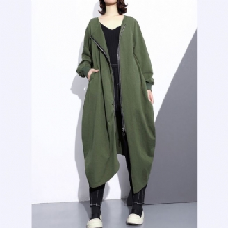 Manteau Long Vert Armée Surdimensionné Col Rond Design Asymétrique Vêtements D'extérieur Manteaux À Fermeture Éclair