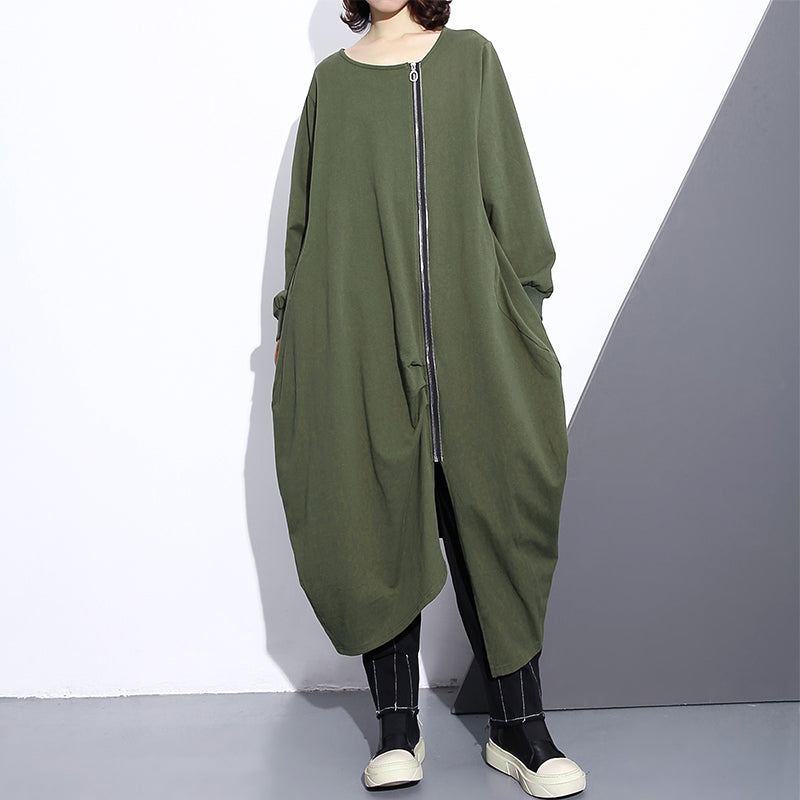 Manteau Long Vert Armée Surdimensionné Col Rond Design Asymétrique Vêtements D'extérieur Manteaux À Fermeture Éclair - Noir