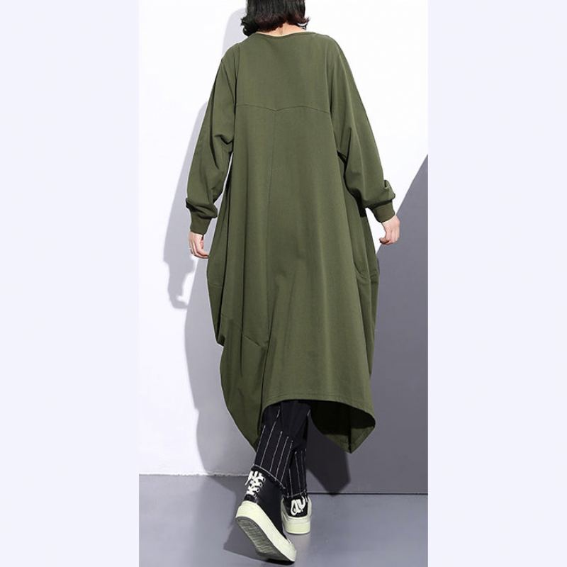 Manteau Long Vert Armée Surdimensionné Col Rond Design Asymétrique Vêtements D'extérieur Manteaux À Fermeture Éclair - Noir