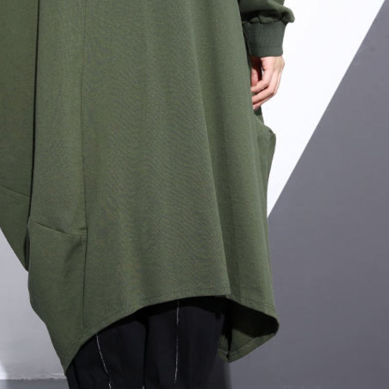 Manteau Long Vert Armée Surdimensionné Col Rond Design Asymétrique Vêtements D'extérieur Manteaux À Fermeture Éclair - Noir