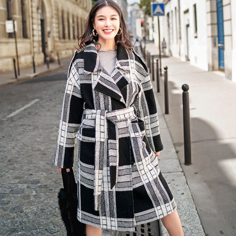 Manteau De Luxe À Carreaux Noir Et Blanc Grande Taille En Laine Cranté Boutique Cravate À La