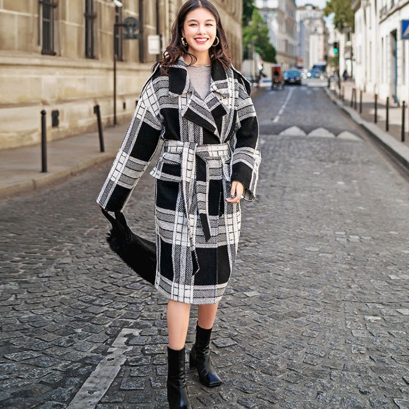 Manteau De Luxe À Carreaux Noir Et Blanc Grande Taille En Laine Cranté Boutique Cravate À La - Trenchs femmes