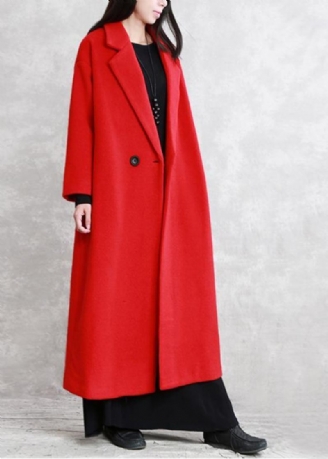 Manteau De Luxe En Laine Rouge Coupe Ample Poches Crantées D'hiver