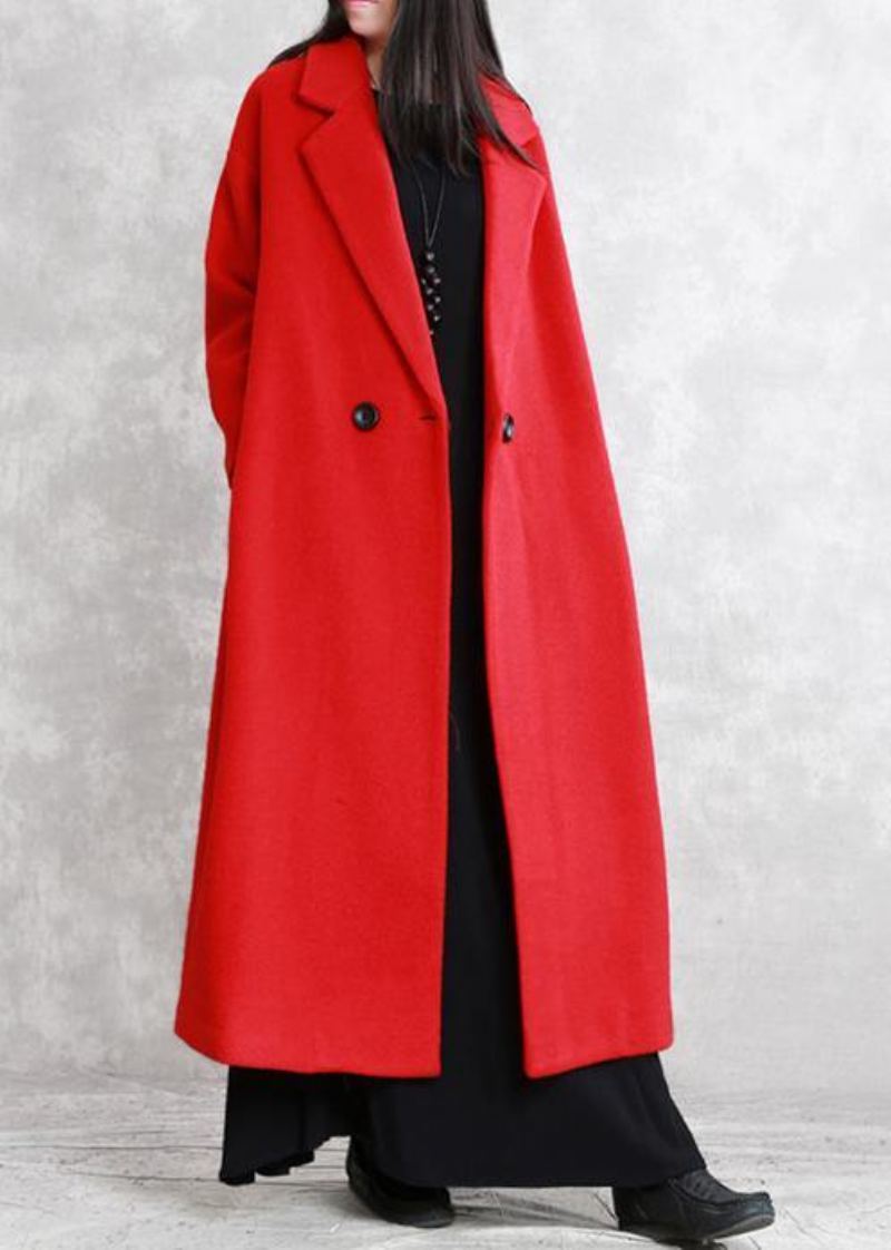 Manteau De Luxe En Laine Rouge Coupe Ample Poches Crantées D'hiver - Trenchs femmes