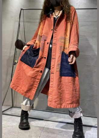 Manteau À Manches Longues En Denim D'automne Décontracté Avec Poches Orange Faites À La Main