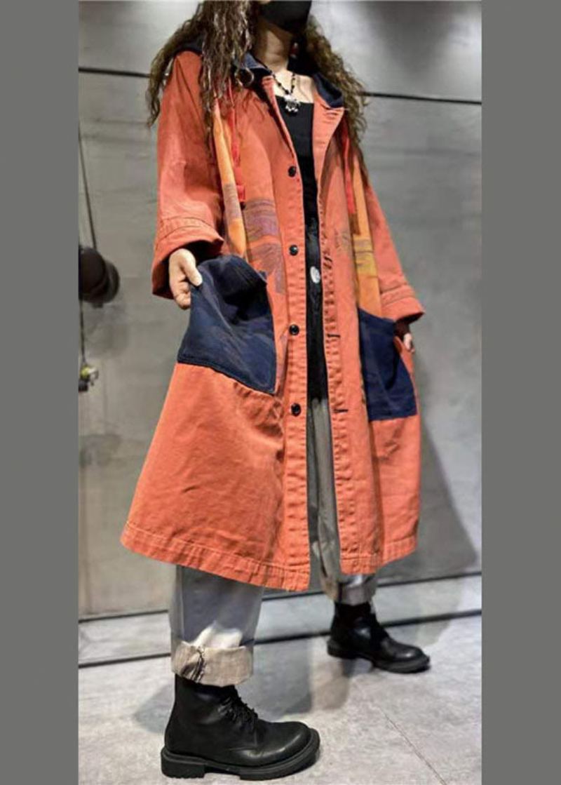 Manteau À Manches Longues En Denim D'automne Décontracté Avec Poches Orange Faites À La Main - Orange