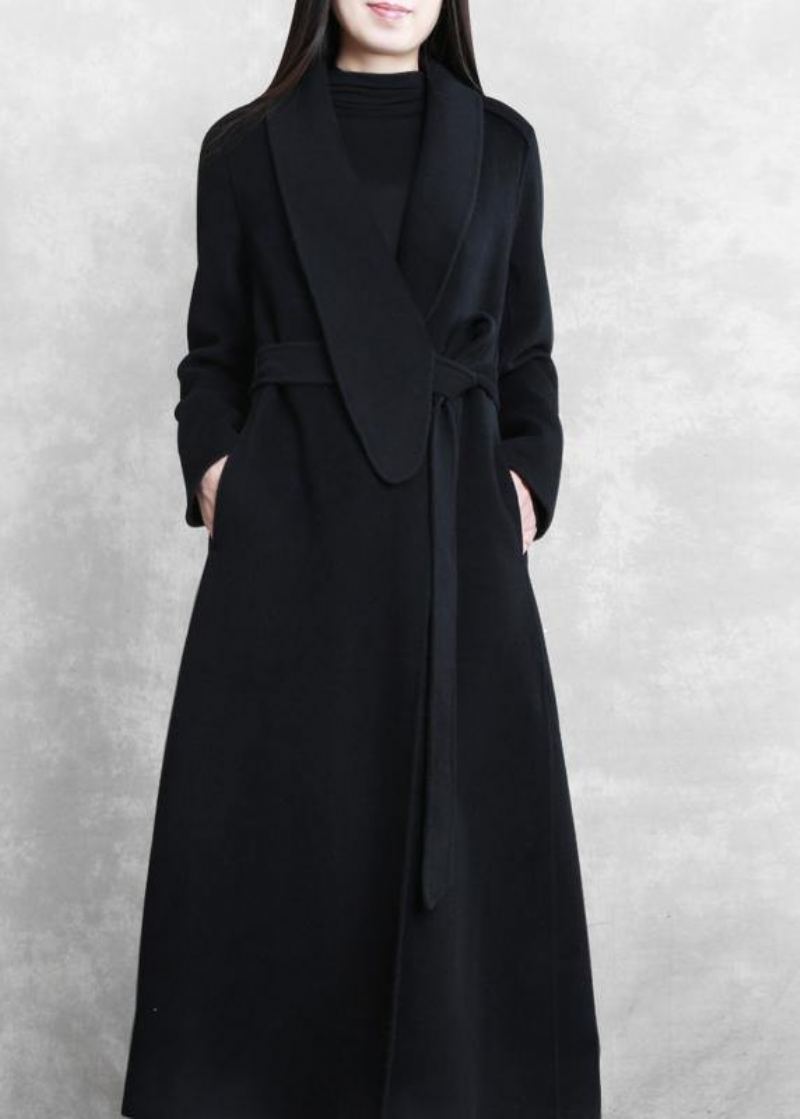 Manteau Maxi Ample Et Fin Vêtement D'extérieur En Laine Cravate Noire Poches À La Taille Pardessus - Trenchs femmes