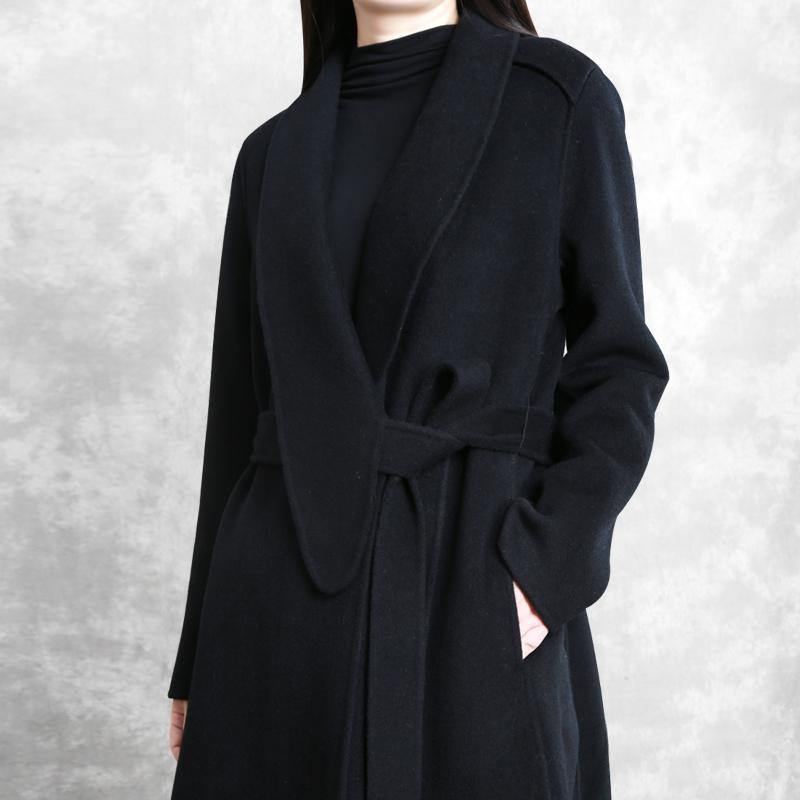 Manteau Maxi Ample Et Fin Vêtement D'extérieur En Laine Cravate Noire Poches À La Taille Pardessus - Trenchs femmes