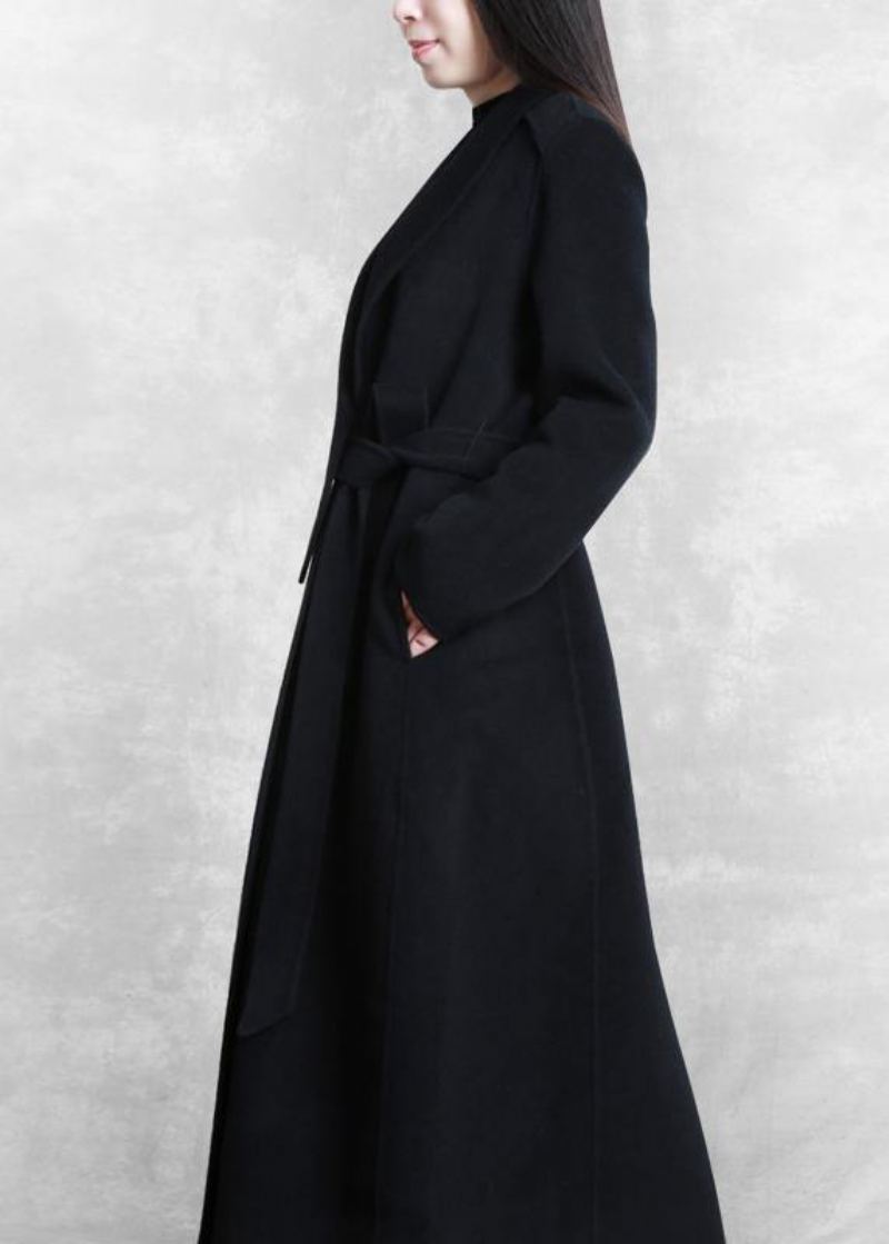 Manteau Maxi Ample Et Fin Vêtement D'extérieur En Laine Cravate Noire Poches À La Taille Pardessus - Trenchs femmes