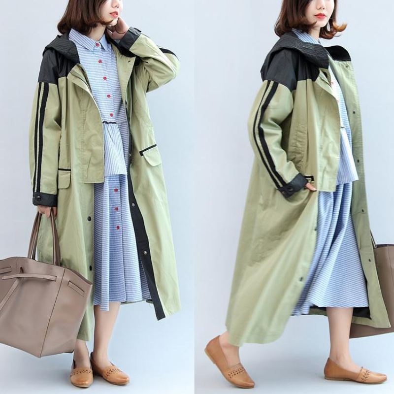 Manteau Maxi À Capuche Patchwork Vert Clair Vêtements D'extérieur En Coton Grande Taille Nouvelle Collection Automne - Trenchs femmes