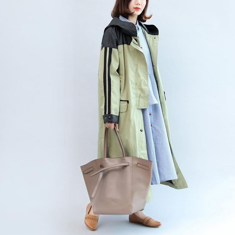 Manteau Maxi À Capuche Patchwork Vert Clair Vêtements D'extérieur En Coton Grande Taille Nouvelle Collection Automne - Trenchs femmes