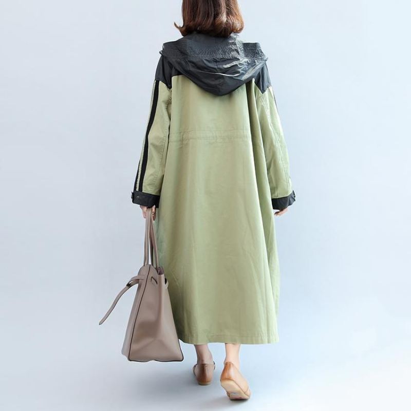 Manteau Maxi À Capuche Patchwork Vert Clair Vêtements D'extérieur En Coton Grande Taille Nouvelle Collection Automne - Trenchs femmes