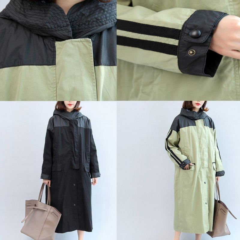 Manteau Maxi À Capuche Patchwork Vert Clair Vêtements D'extérieur En Coton Grande Taille Nouvelle Collection Automne - Trenchs femmes