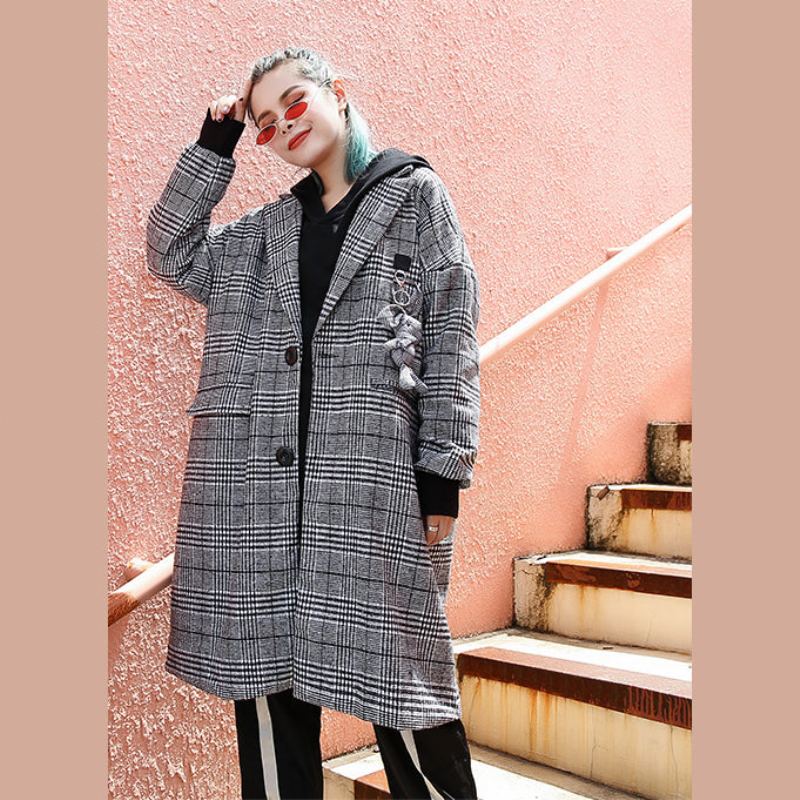 Manteau Maxi À Carreaux Noir Élégant Long Cranté Décontracté Baggy À Fermeture Éclair À La Mode - Trenchs femmes