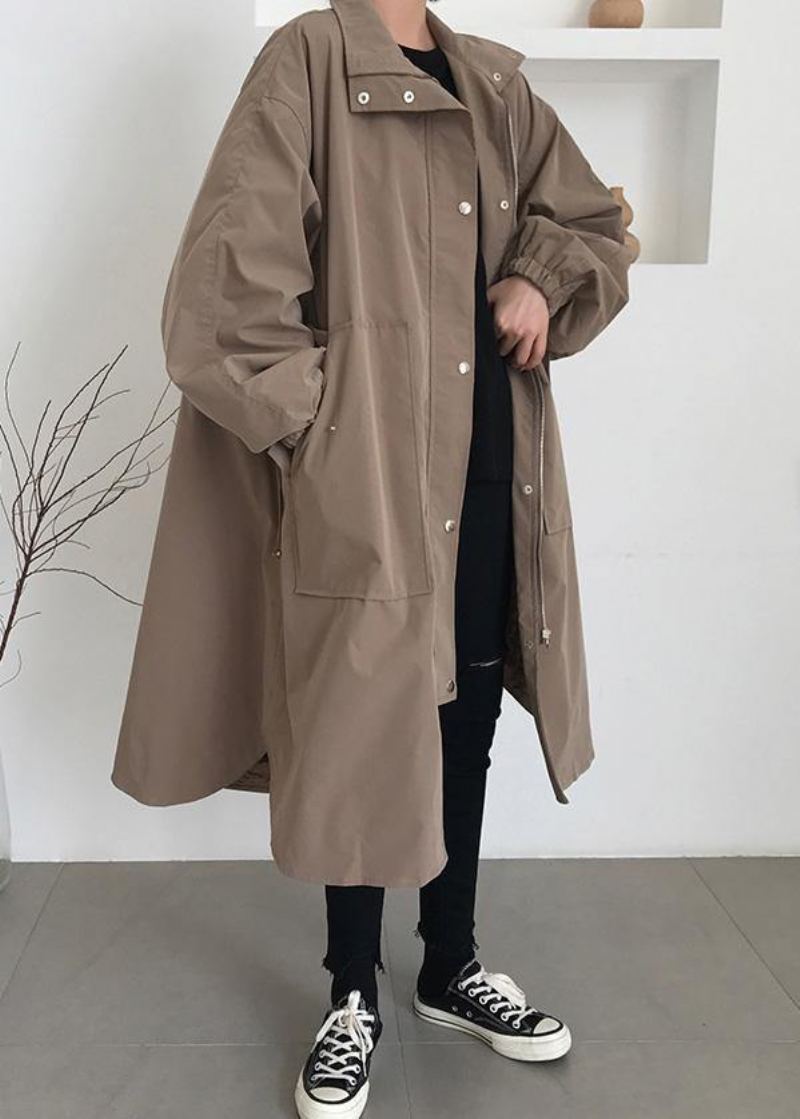 Manteau Maxi Fin Kaki Français Garde-robes Col À Revers Zippé Manteaux Pour Femmes - Kaki