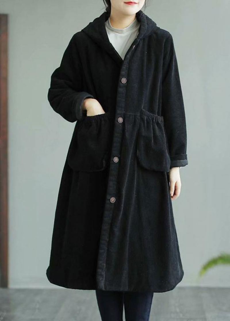 Manteau Maxi Fin Noir Chic Couture De Poches À Capuche Manteaux Pour Femmes