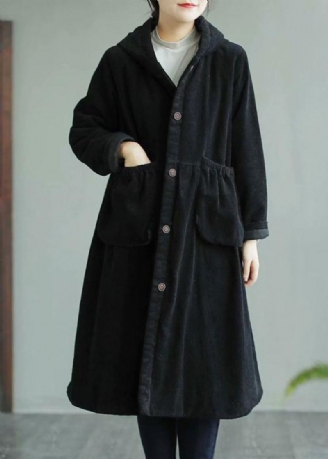 Manteau Maxi Fin Noir Chic Couture De Poches À Capuche Manteaux Pour Femmes