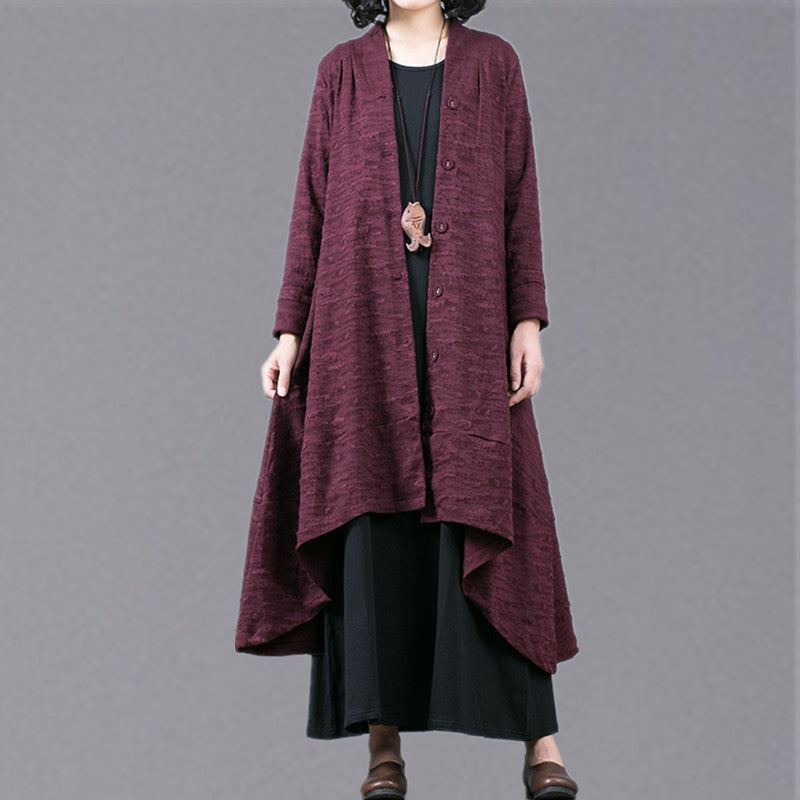 Manteau Maxi Jacquard Violet Élégant Tendance Grande Taille Baggy Grand Ourlet Design Asymétrique Trench-coat Fin Patchwork