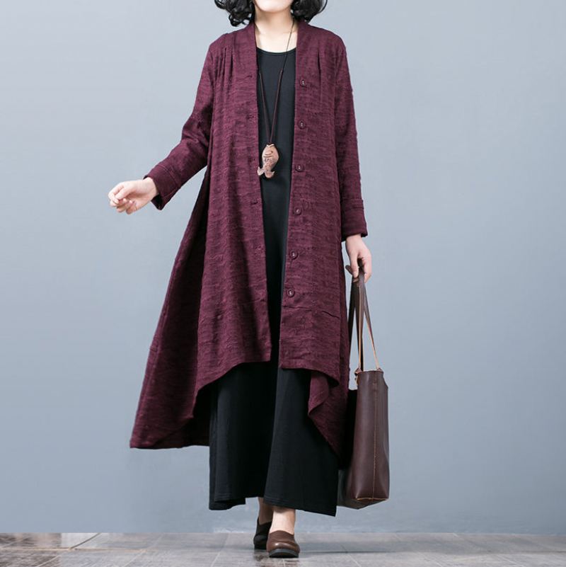 Manteau Maxi Jacquard Violet Élégant Tendance Grande Taille Baggy Grand Ourlet Design Asymétrique Trench-coat Fin Patchwork - Trenchs femmes