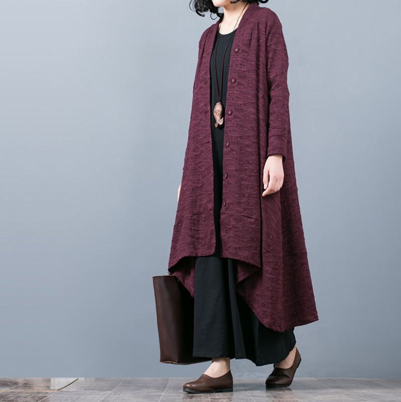 Manteau Maxi Jacquard Violet Élégant Tendance Grande Taille Baggy Grand Ourlet Design Asymétrique Trench-coat Fin Patchwork - Trenchs femmes