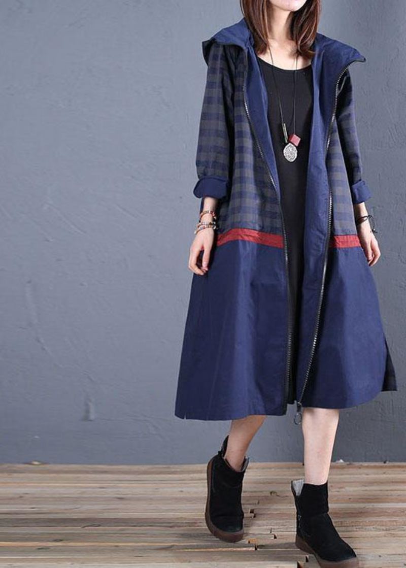 Manteau Maxi De Luxe À La Mode Grande Taille Patchwork À Capuche Bleu D'automne