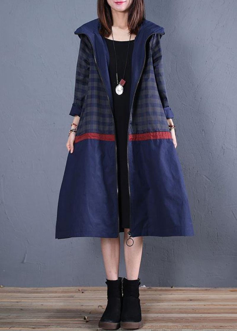 Manteau Maxi De Luxe À La Mode Grande Taille Patchwork À Capuche Bleu D'automne - Trenchs femmes