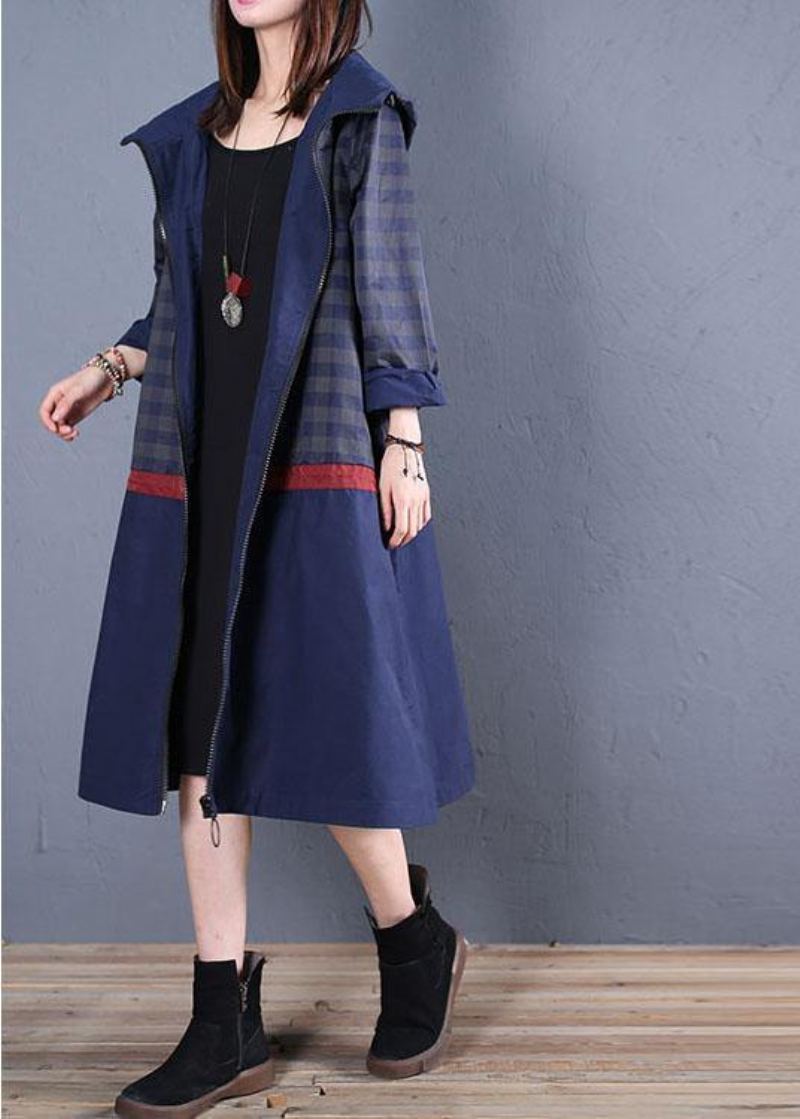 Manteau Maxi De Luxe À La Mode Grande Taille Patchwork À Capuche Bleu D'automne - Trenchs femmes