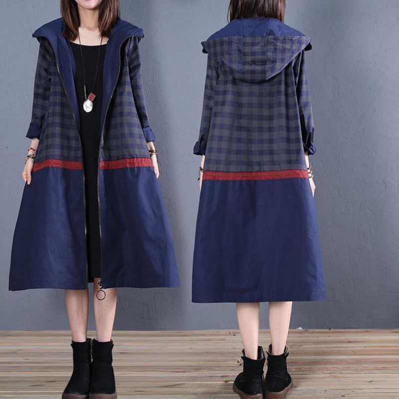 Manteau Maxi De Luxe À La Mode Grande Taille Patchwork À Capuche Bleu D'automne - Trenchs femmes