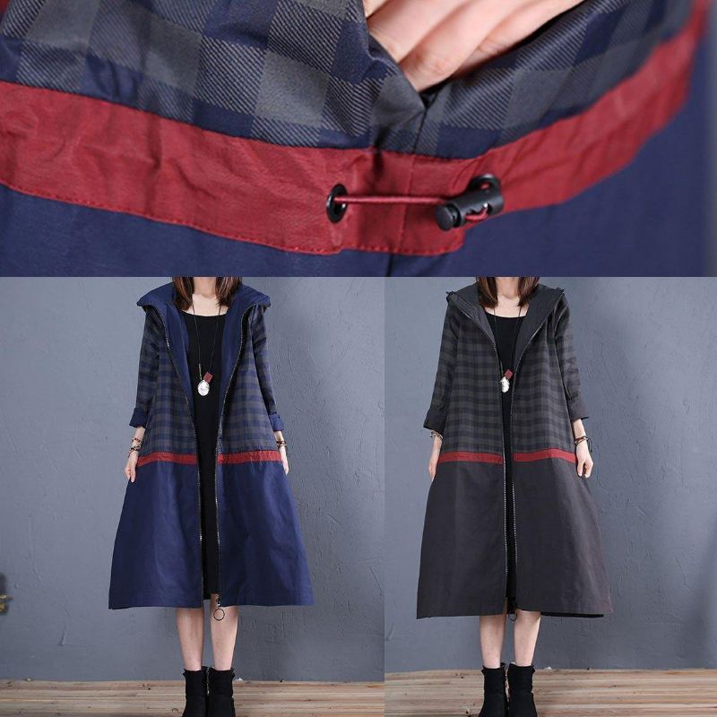 Manteau Maxi De Luxe À La Mode Grande Taille Patchwork À Capuche Bleu D'automne - Trenchs femmes