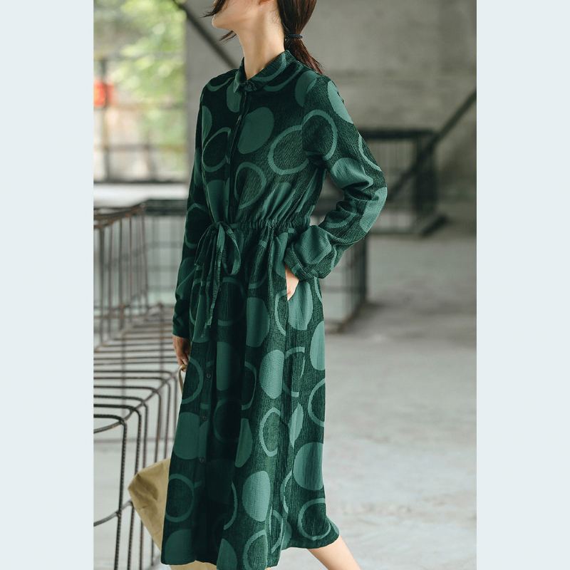 Manteau Maxi De Luxe À Pois Vert Noirâtre Jacquard Décontracté Col Peter Pan Robes Fines Baggy - Trenchs femmes