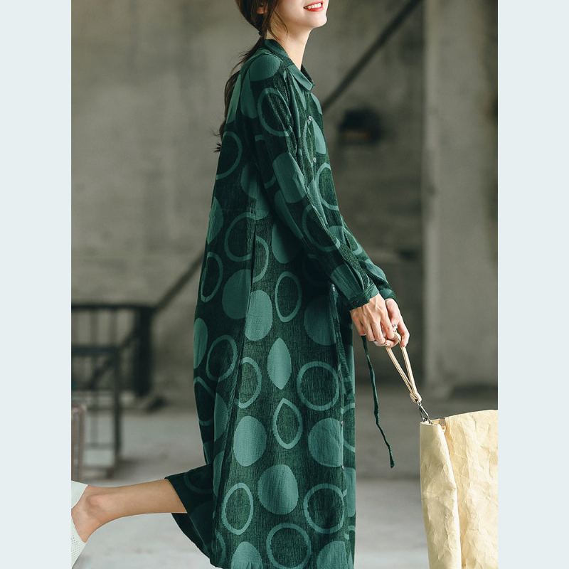 Manteau Maxi De Luxe À Pois Vert Noirâtre Jacquard Décontracté Col Peter Pan Robes Fines Baggy - Trenchs femmes