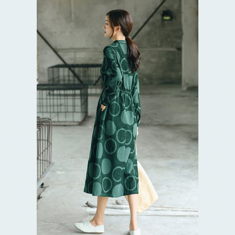 Manteau Maxi De Luxe À Pois Vert Noirâtre Jacquard Décontracté Col Peter Pan Robes Fines Baggy - Trenchs femmes